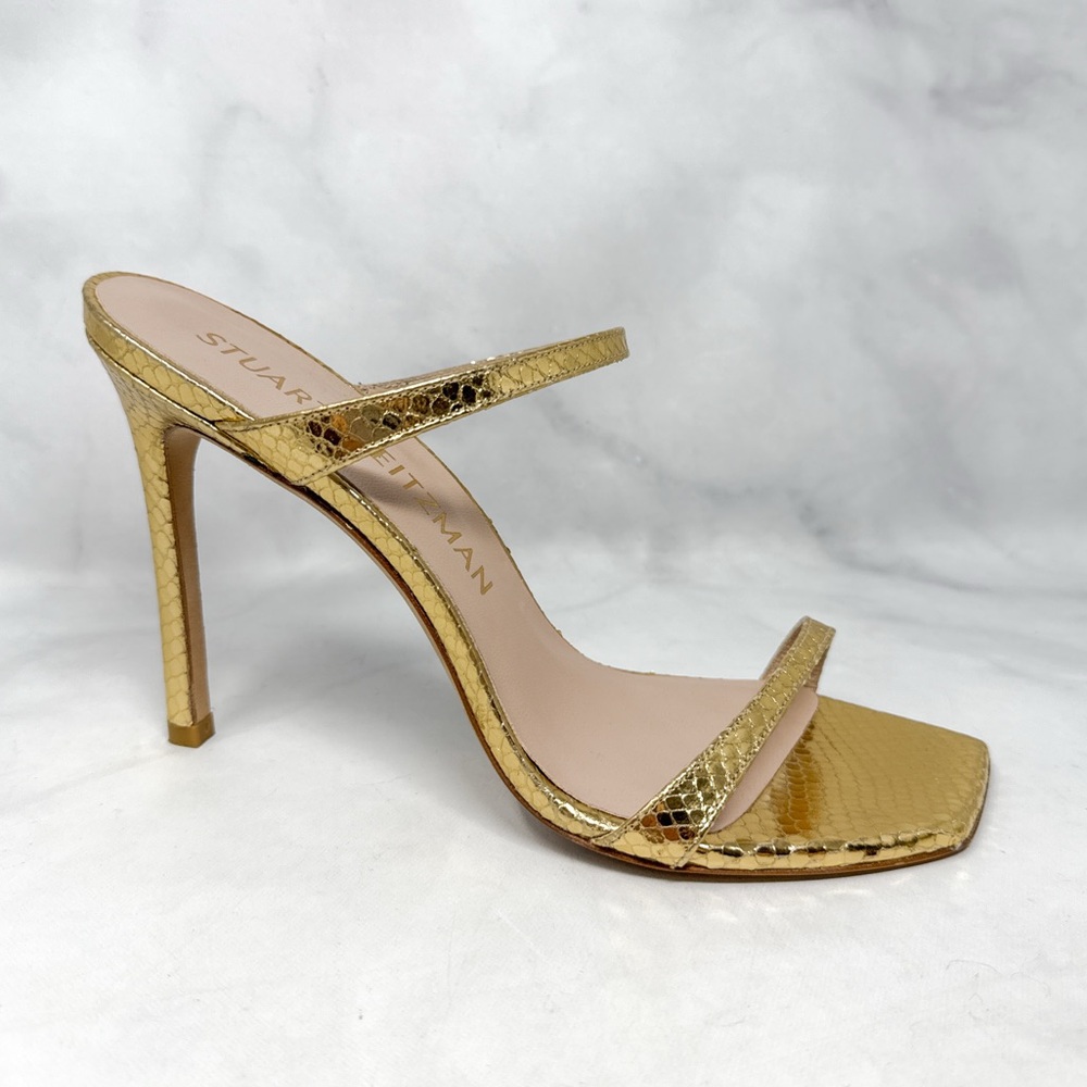 Stuart Weitzman Aleena 100 Metallic Snakeskin Square Toe Slide Mule Sandal Heels